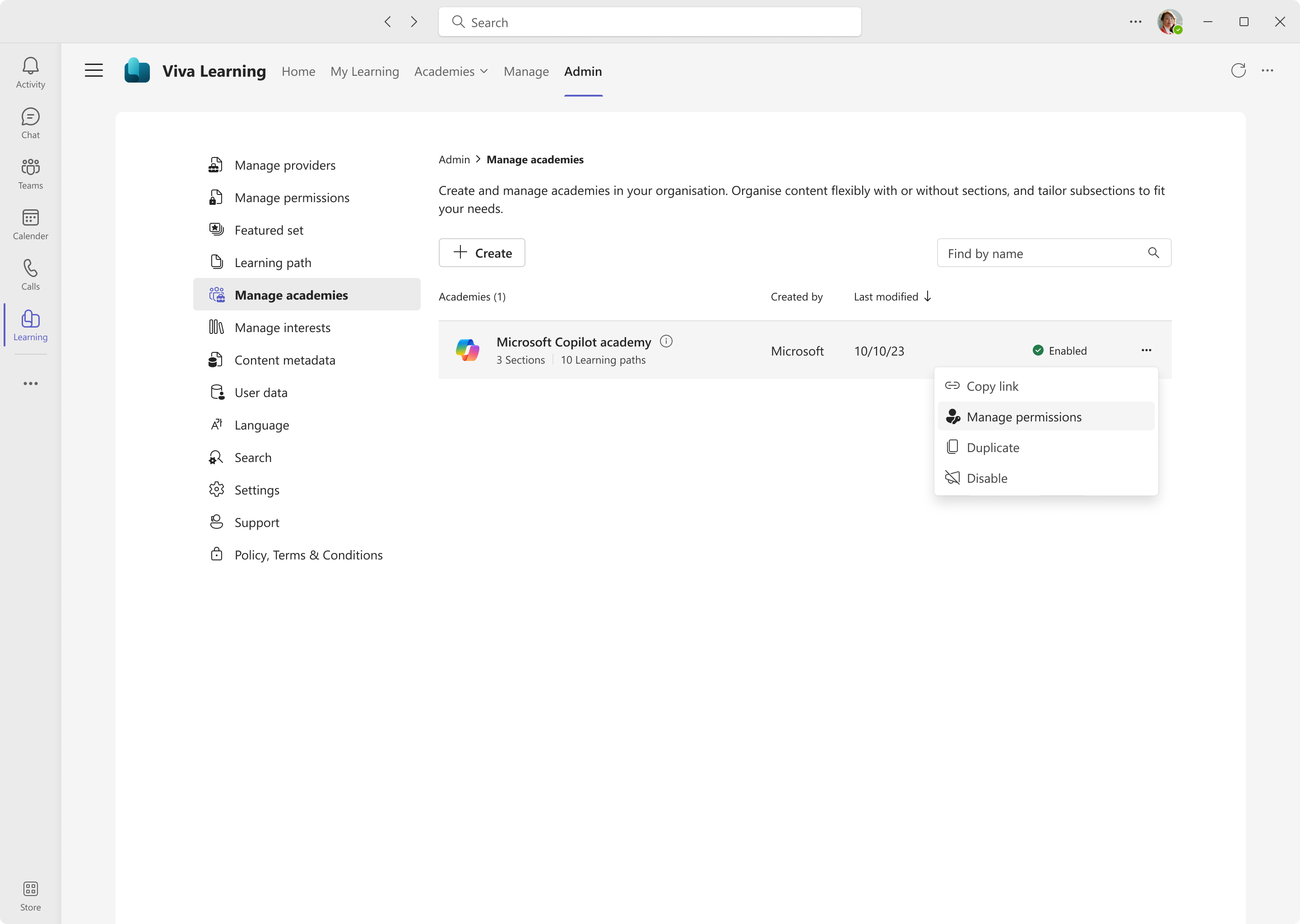 Screenshot of the Manage academies page in the admin tab.