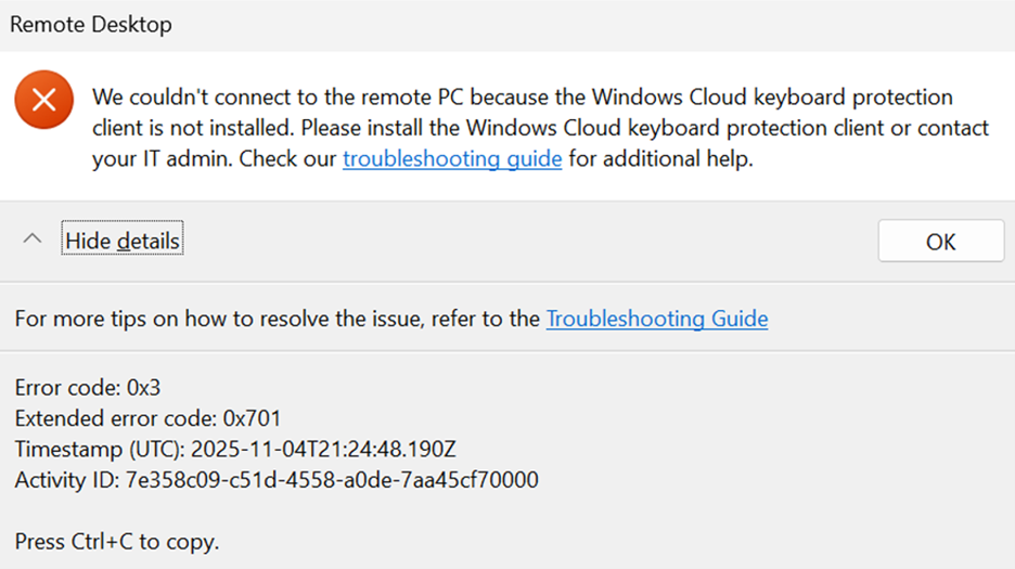 Screenshot of error message because keyboard protection client is not installed.