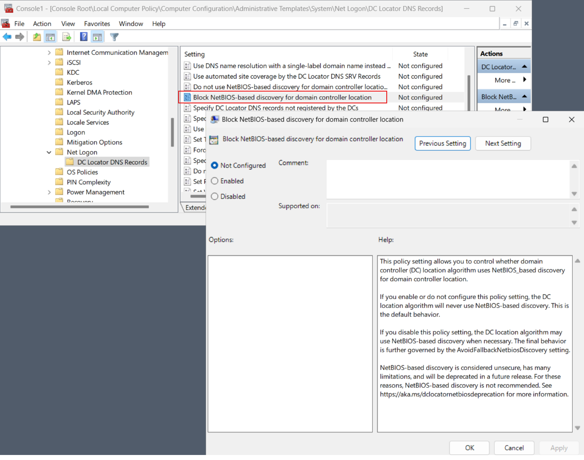 Screenshot of the BlockNetBIOSDiscovery Group Policy setting, with default enabled.