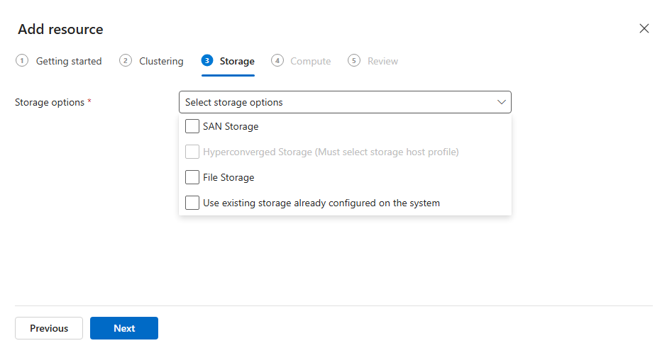 Screenshot of the Add Host wizard Storage tab with Use existing storage already configured on the system option selected.