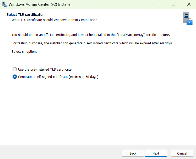 Screenshot of the Windows Admin Center v2 Installer with the option to either select a preinstalled TLS certificate or to generate a self-signed certificate.