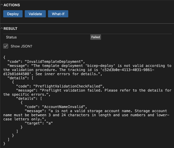 Captura de pantalla del error de validación del panel de implementación en Visual Studio Code.