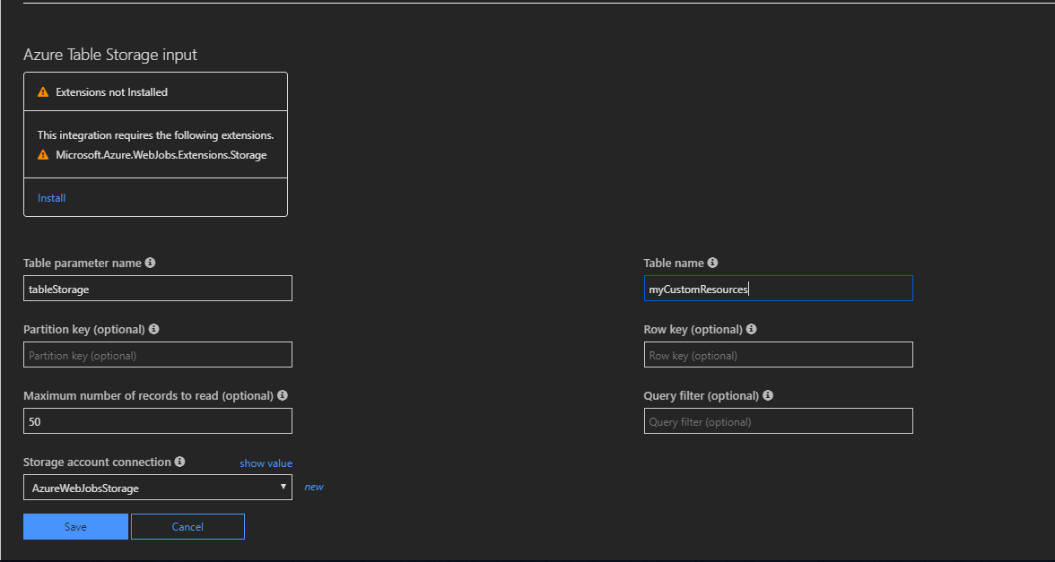 Captura de pantalla de la pestaña Integración de Azure&nbsp;Functions que muestra la configuración de enlaces de Azure Table Storage.