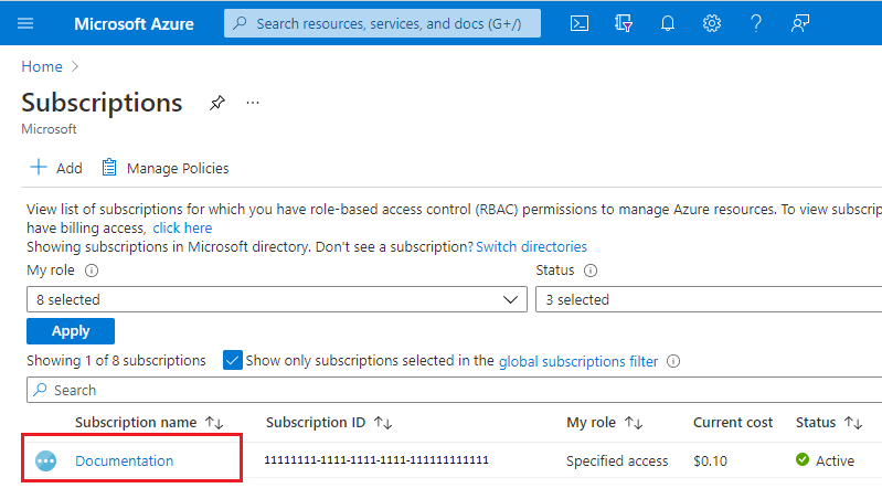 Captura de pantalla de Azure&nbsp;Portal con la selección de suscripción resaltada.