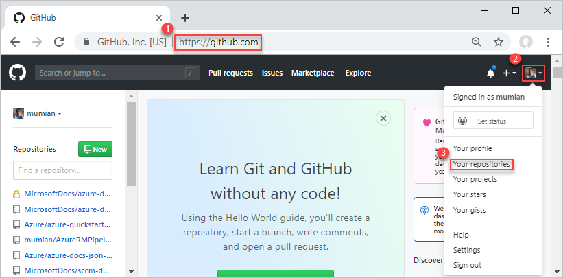 Captura de pantalla de la creación de un repositorio de GitHub para Azure Resource Manager Azure DevOps Azure Pipelines.