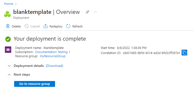 Captura de pantalla de Azure Portal que muestra el resumen de implementación de la implementación blanktemplate.