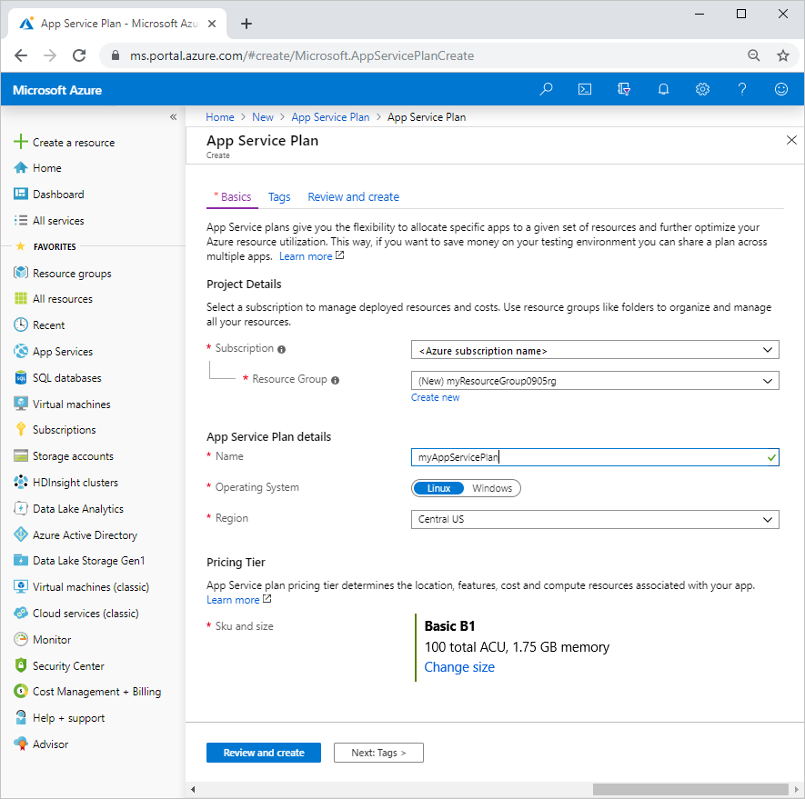 Captura de pantalla de la página Crear plan de App Service en el portal de Azure.