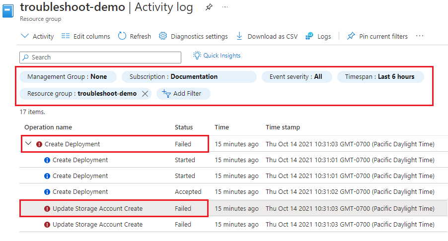 Captura de pantalla del registro de actividad del grupo de recursos de Azure Portal, en la que se hace hincapié en una implementación fallida con un registro de errores.
