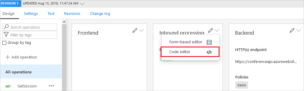 Captura de pantalla que resalta el editor de código de API en la pestaña diseño.