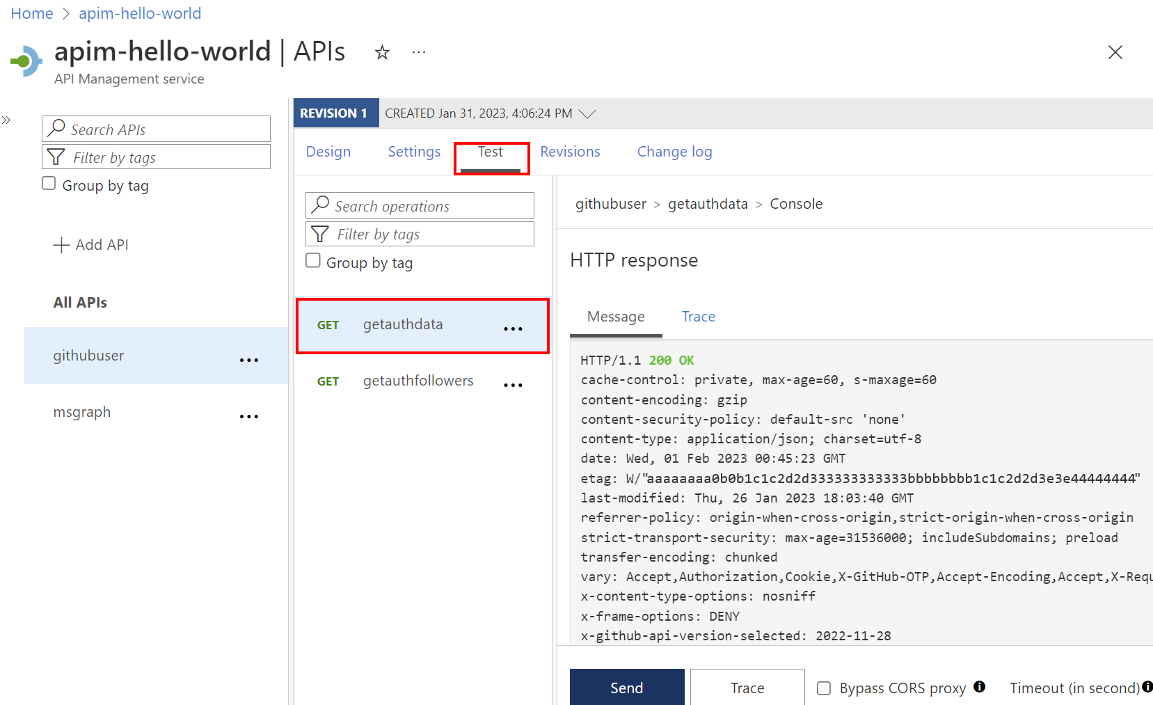 Captura de pantalla de la prueba correcta de la API en el portal.