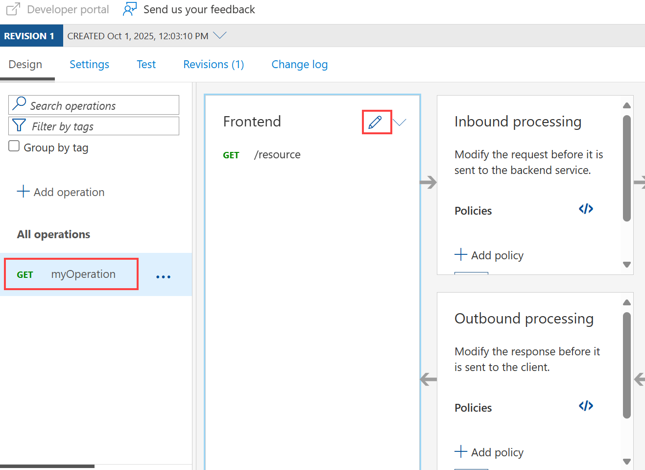 Captura de pantalla que muestra el proceso para editar una API en API Management.