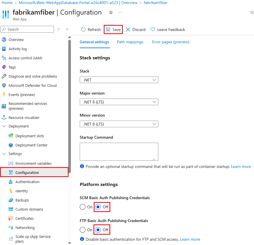 Captura de pantalla que muestra cómo deshabilitar la autenticación básica para Azure App Service en Azure Portal.