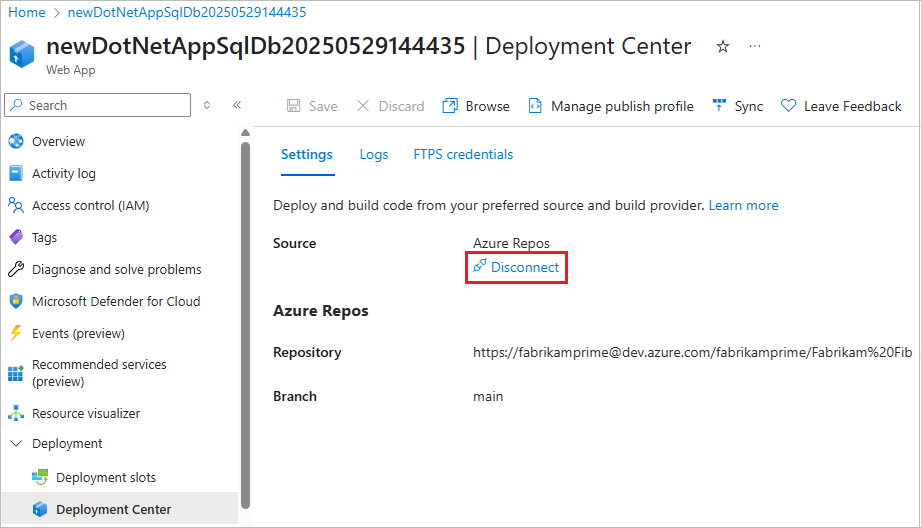 Captura de pantalla que muestra cómo desconectar la sincronización de carpetas en la nube con la aplicación de App Service en Azure Portal.