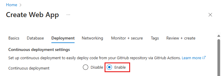 Captura de pantalla que muestra cómo habilitar la implementación de Acciones de GitHub en la pestaña Implementación de App Service.