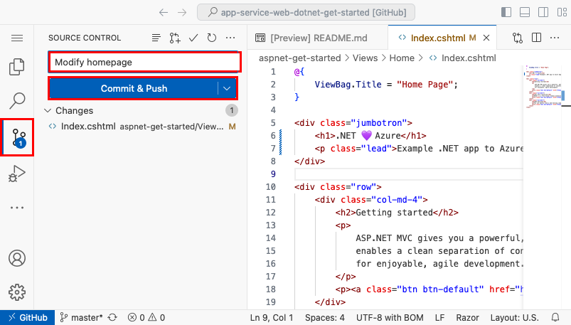 Captura de pantalla de Visual Studio Code en el navegador, panel de Control de código fuente con un mensaje de confirmación de 