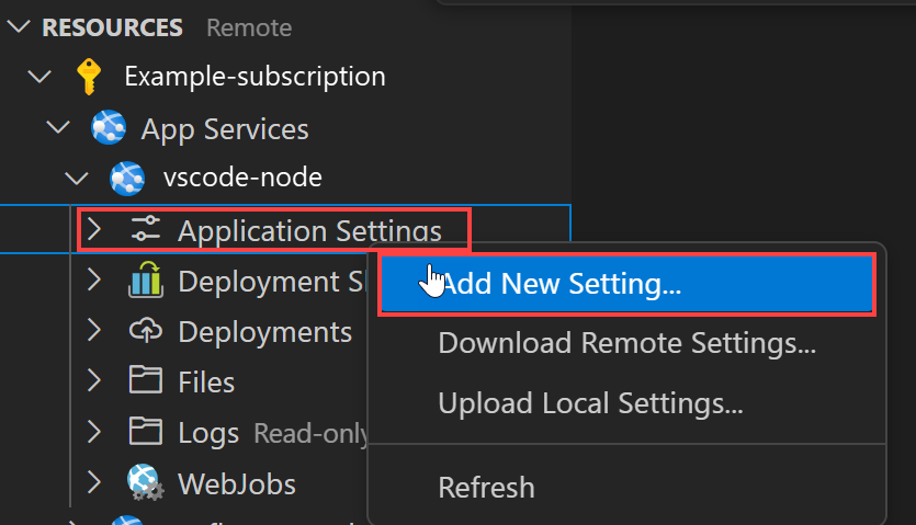 Captura de pantalla del comando Agregar nueva configuración.