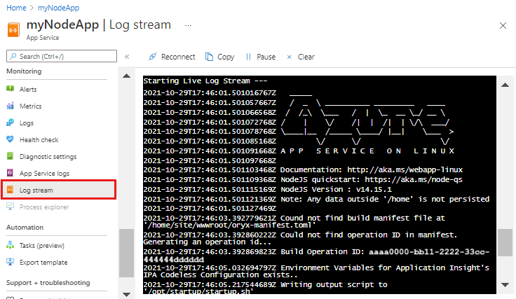 Captura de pantalla del flujo de registro en Azure App Service.