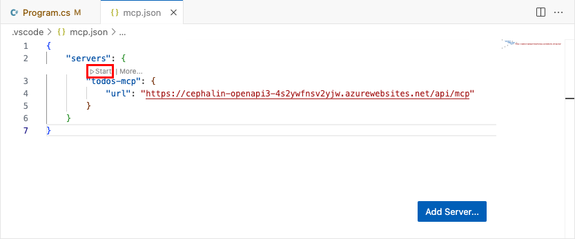 Captura de pantalla que muestra cómo iniciar manualmente un servidor MCP desde el archivo mcp.json local.