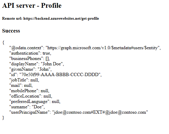 Captura de pantalla del explorador web que muestra la aplicación de front-end después de obtener correctamente un perfil real de la aplicación de back-end.