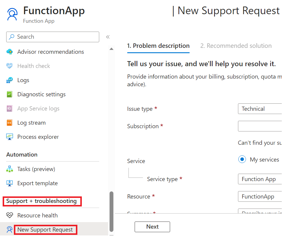 Captura de pantalla de la página de solicitud de soporte técnico en el Azure portal.