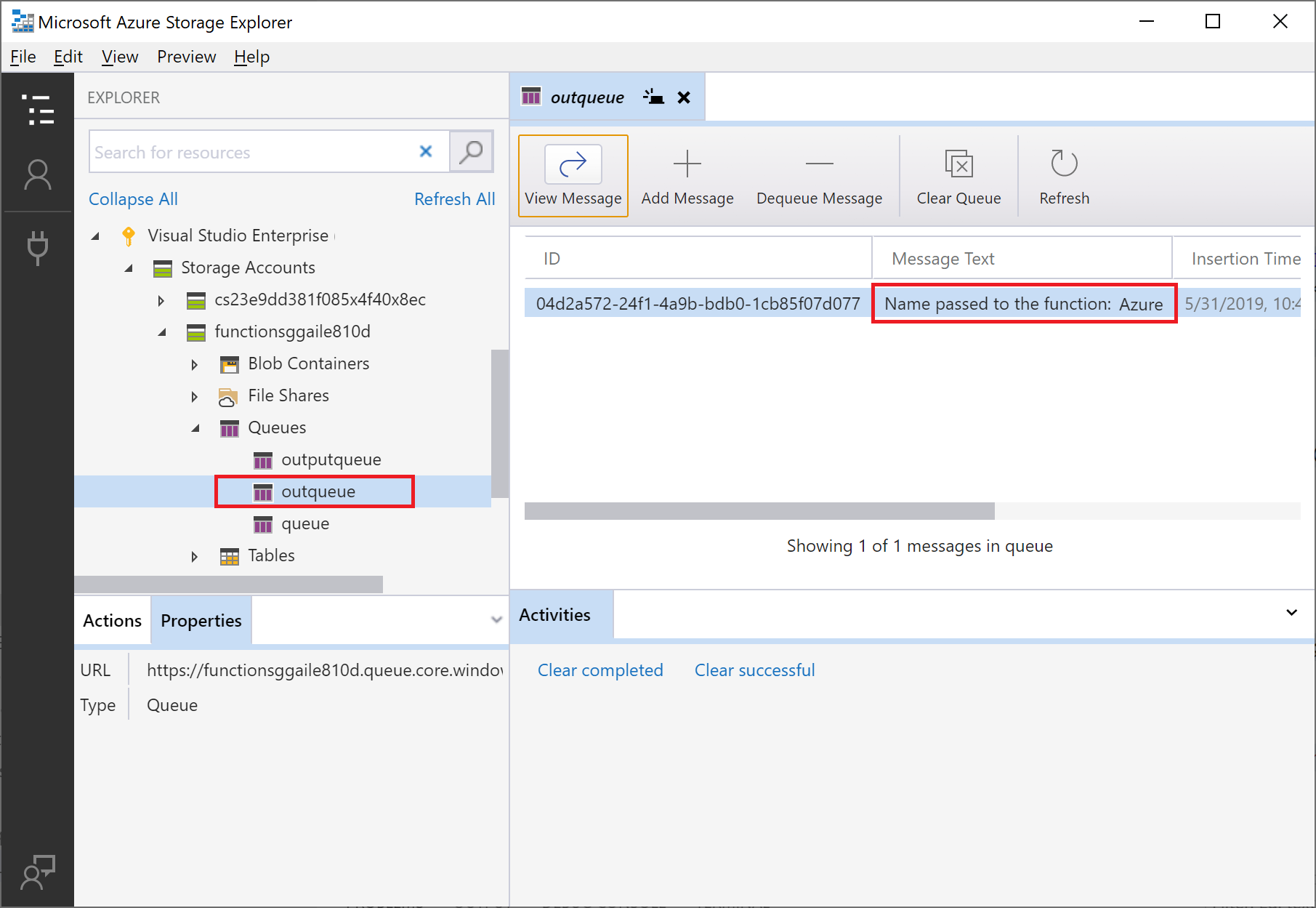 Captura de pantalla del mensaje de cola que se muestra en Azure Storage Explorer.