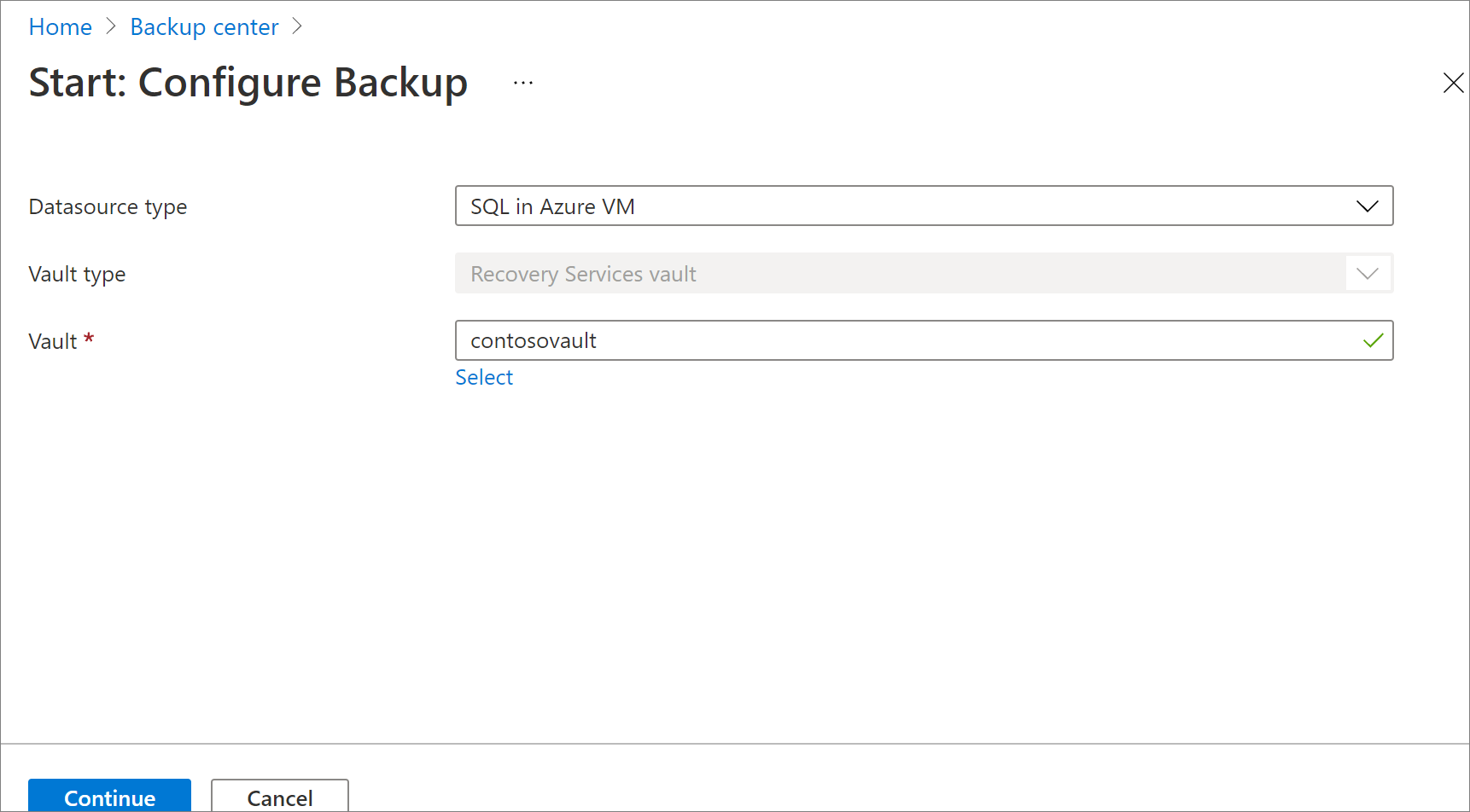 Captura de pantalla que muestra cómo seleccionar SQL Database como origen de datos para Copia de seguridad.