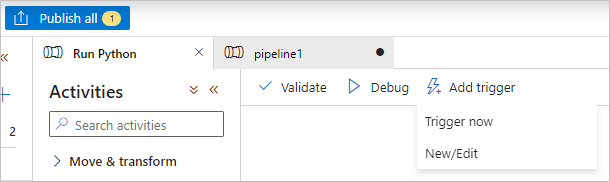 Captura de pantalla de las selecciones Validar, Depurar, Publicar todo y Agregar desencadenador en Data Factory.