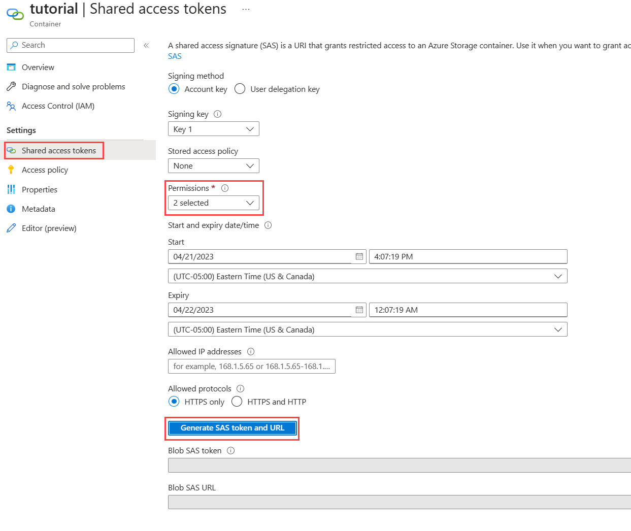 Recorte de pantalla de la página Tokens de acceso compartido que resalta la lista desplegable Permisos y el botón Generar token de SAS y URL.