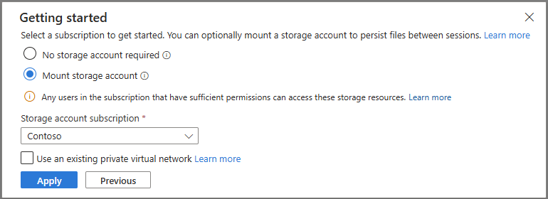 Captura de pantalla que muestra la solicitud de almacenamiento opcional y selección de suscripción.