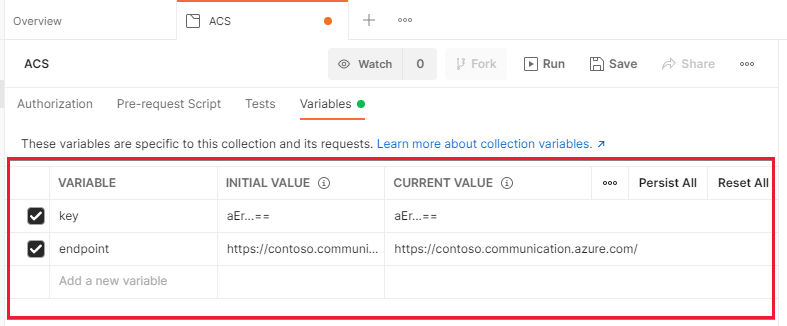 Captura de pantalla que muestra Postman con las variables de recopilación de Communication Services configuradas correctamente.