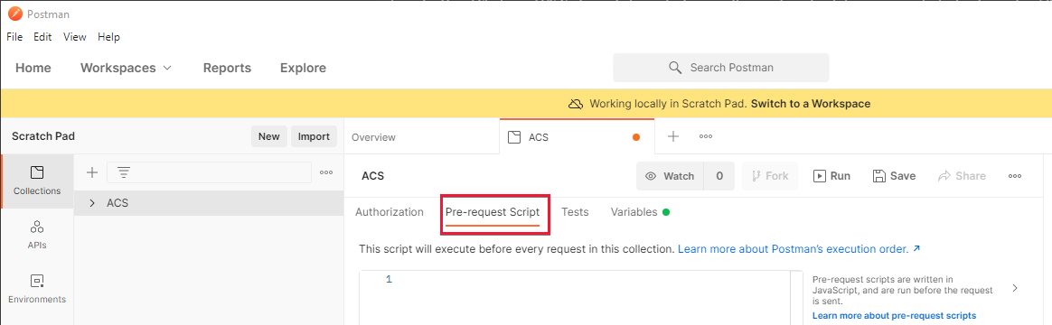 Recorte de pantalla en el que se muestra Postman con la pestaña Script de solicitud previa de colecciones de Communication Services.