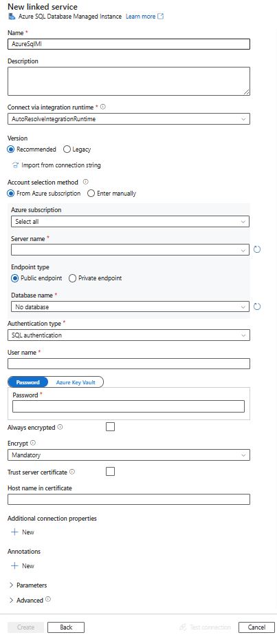 Recorte de pantalla de la configuración del servicio vinculado a una instancia administrada de SQL.