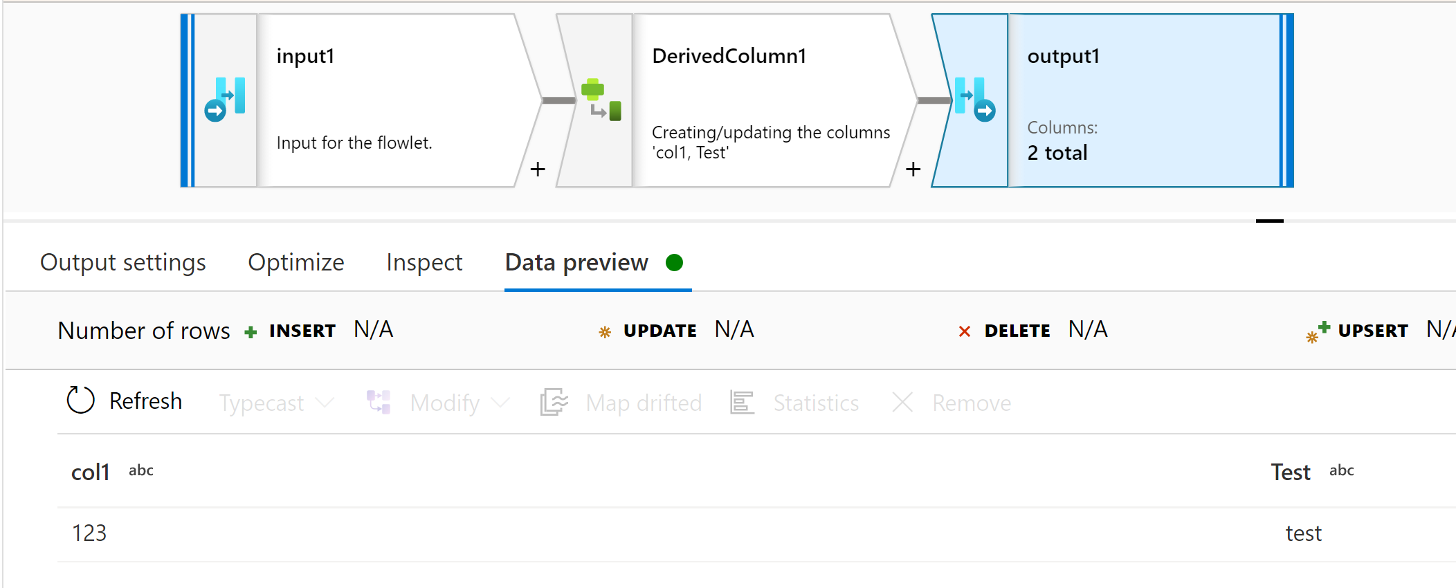 Captura de pantalla que muestra la vista previa de datos en la salida del flowlet.