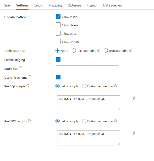 Captura de pantalla que muestra scripts de procesamiento previo y posterior a SQL en el flujo de datos de Azure Synapse Analytics.