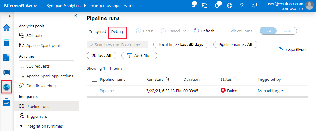 Seleccione el icono para ver ejecuciones de depuración activas