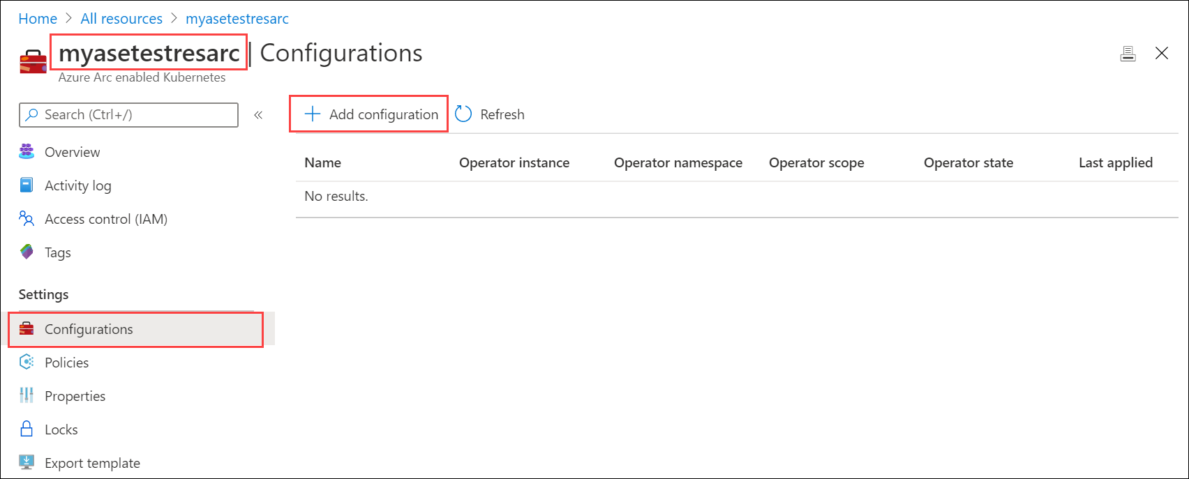 Captura de pantalla que muestra el clúster de Kubernetes habilitado para Azure Arc con la opción Agregar configuración seleccionada.