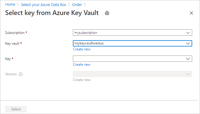 Captura de pantalla de los controles presentes al configurar las opciones existentes de Azure Key Vault en la pestaña Seguridad del pedido de exportación de Data Box.