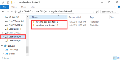 Recorte de pantalla que muestra dos subcarpetas creadas que corresponden a datos de formato de blob en bloques y blobs en páginas.