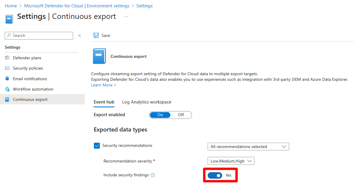 Captura de pantalla que muestra el conmutador Incluir hallazgos de seguridad en una configuración de exportación continua.