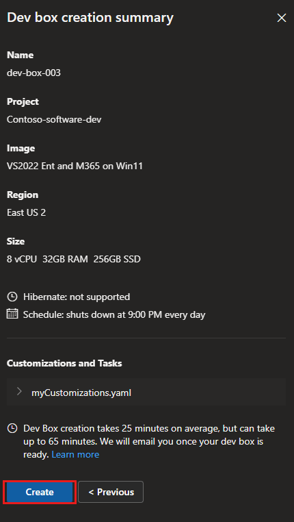 Captura de pantalla de la página de resumen de creación del cuadro de desarrollo en el portal para desarrolladores, en la que se muestra la opción de crear un cuadro de desarrollo personalizado.