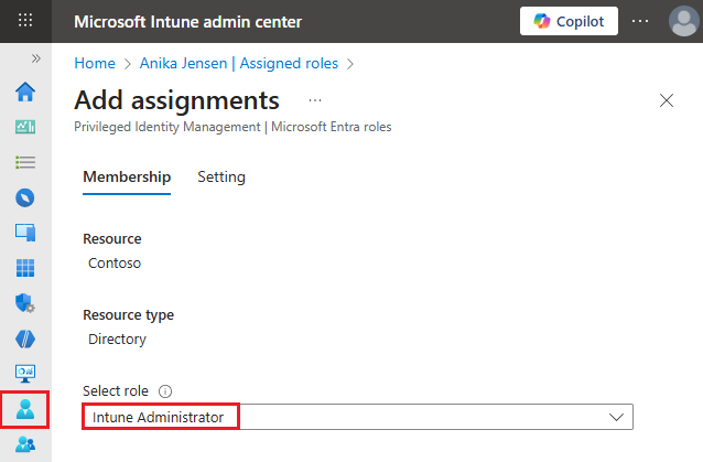 Captura de pantalla que muestra la asignación del rol De administrador de Microsoft Intune.
