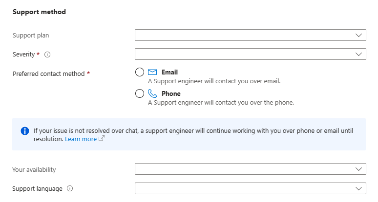 Captura de pantalla que muestra la sección Método de soporte técnico para una nueva solicitud de soporte técnico.
