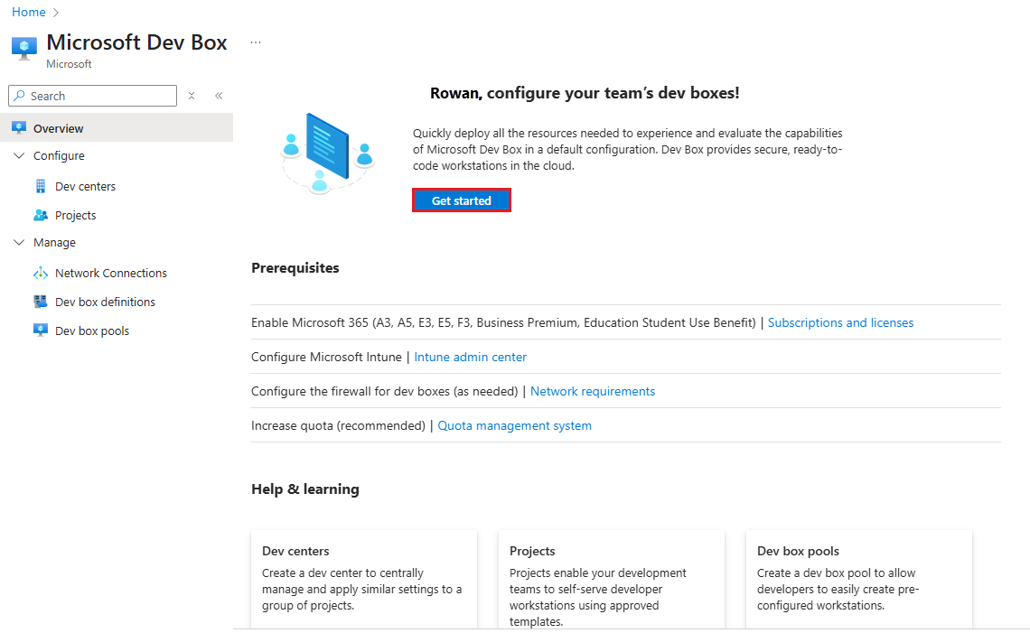Captura de pantalla de la página Introducción de Dev Box en Azure Portal, en la que se muestran las opciones para configurar un entorno de cuadro de desarrollo.