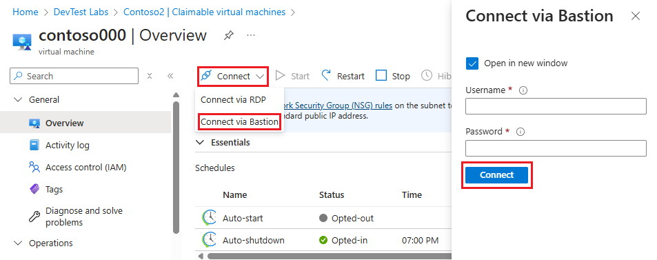 Captura de pantalla de la pantalla de descripción general de la máquina virtual con el botón de conexión de Bastion resaltado.