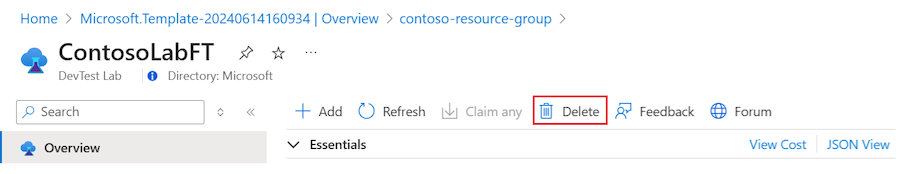 Captura de pantalla que muestra cómo eliminar un laboratorio en Azure&nbsp;Portal.