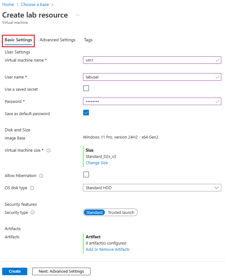 Captura de pantalla que muestra la página Configuración básica de la máquina virtual.