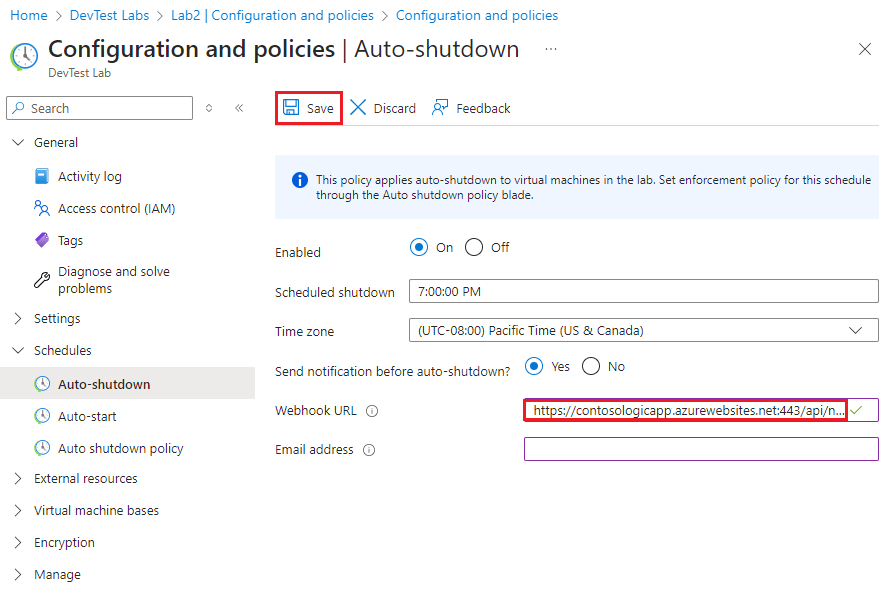 Captura de pantalla que muestra cómo pegar la dirección URL del webhook en la configuración de apagado automático.