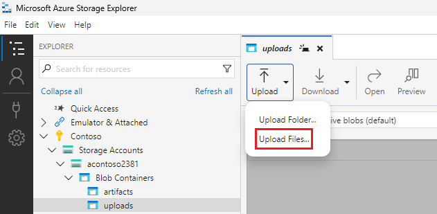 Captura de pantalla que muestra el botón Cargar y la opción Cargar archivos.