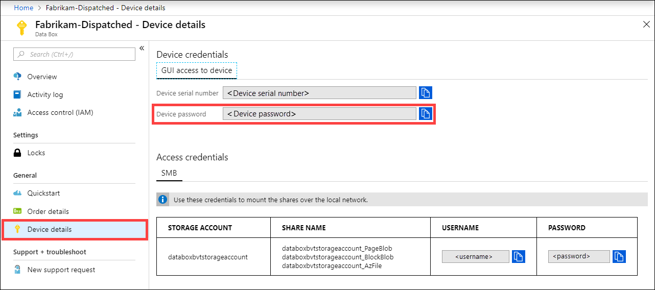 Captura de pantalla de los detalles del dispositivo para un dispositivo Data Box en Azure Portal. El elemento de menú Detalles del dispositivo y la opción Contraseña del dispositivo se han resaltado.