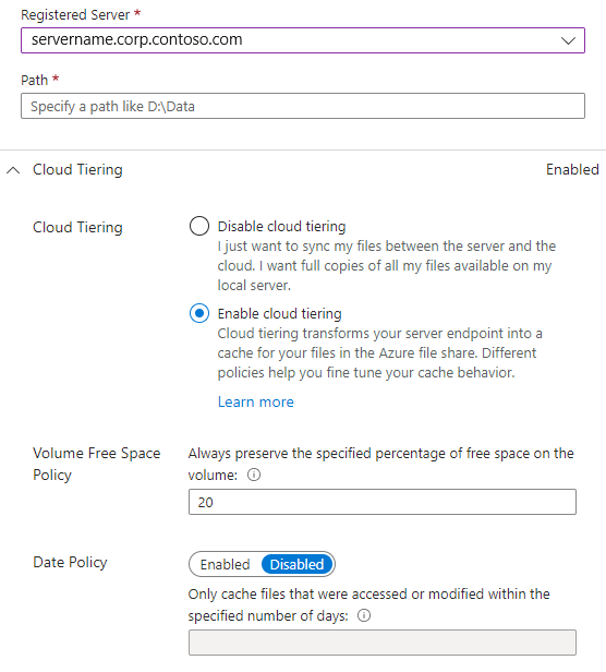 Captura de pantalla que muestra las opciones de jerarquización de la nube en el panel para agregar un punto de conexión del servidor.